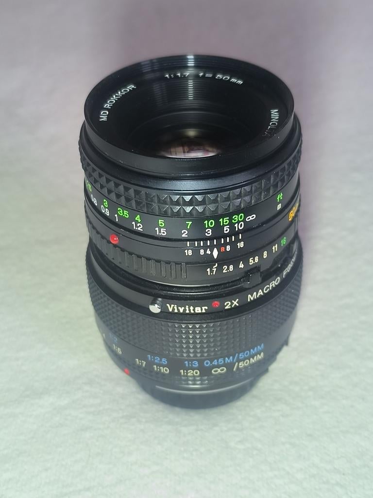Minolta MD Rokkor 50mm f/1.7 met Vivitar 2x Macro Converter, Ophalen of Verzenden, Zo goed als nieuw, Standaardlens