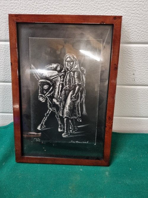 Schilderij tekening vrouw met ezel kreta 1962, Ophalen of Verzenden, 'T Olde Gre-j, Info@toldegrej.nl, Endepoelstraat 20f Didam