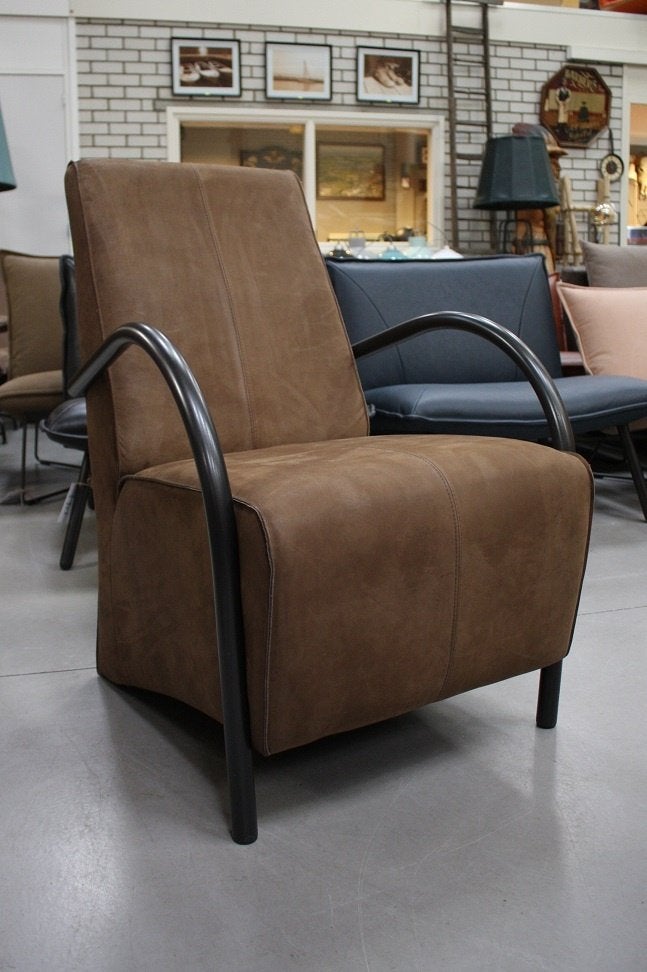 2 x luxe fauteuil BARI Jess design metaal echt leer bruin, Ophalen, Zo goed als nieuw, Leer, 50 tot 75 cm