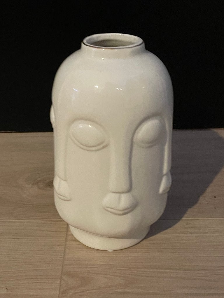 Witte vaas met gezichten, keramiek, Met patroon/structuur, Wit, Ophalen of Verzenden, Zo goed als nieuw