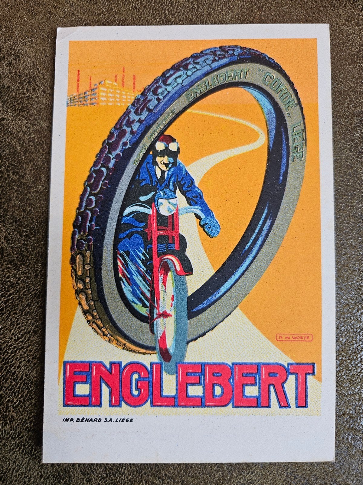 Englebert Banden Reclame Motorrijder, Ophalen of Verzenden, 1920 tot 1940, Ongelopen, Voertuig