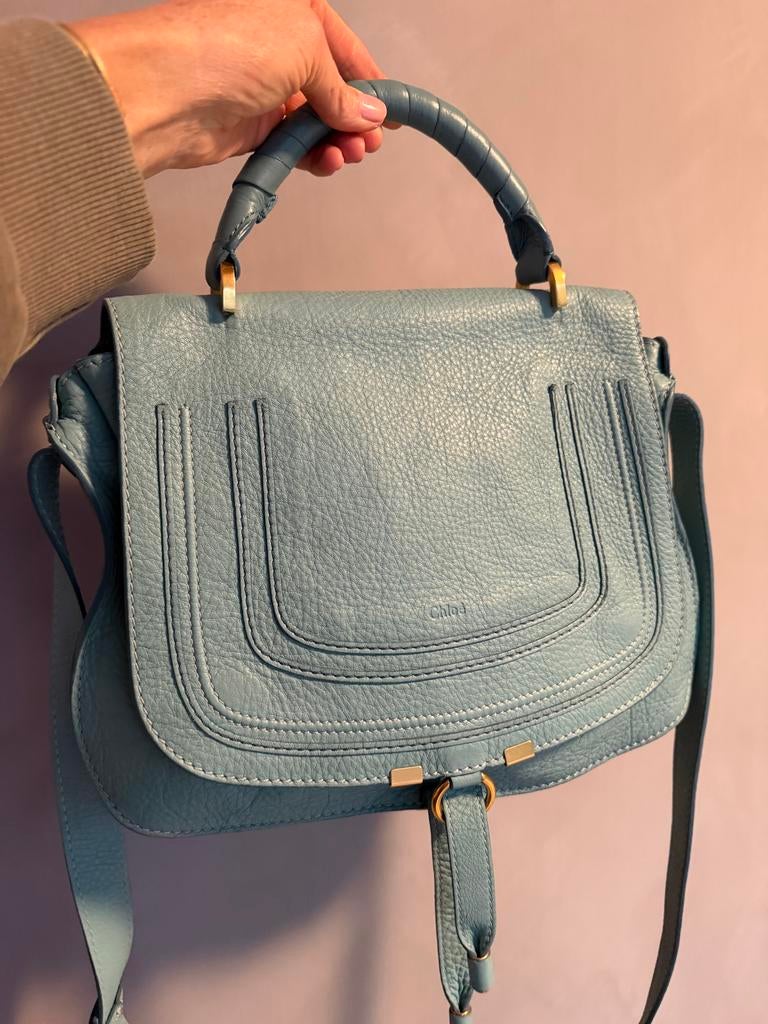Chloé Marcie Schoudertas - Lichtblauw Leer, Sieraden, Tassen en Uiterlijk, Ophalen of Verzenden, Zo goed als nieuw, Blauw, Handtas