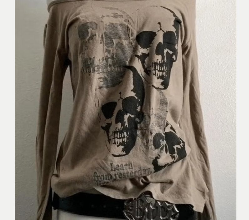 Vintage longsleeve shirt met skulls afbeelding - Donkerbruin, Ophalen of Verzenden, Nieuw, Maat 56/58 (XL), Bruin