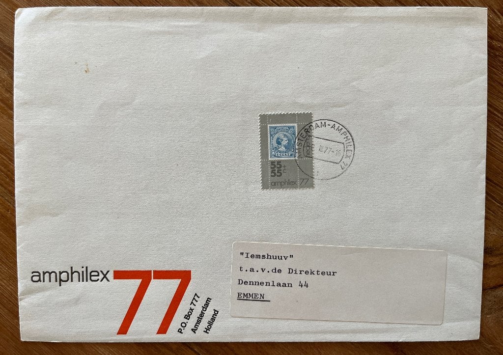 Postzegel-enveloppe Amphilex '77, Ophalen of Verzenden, Na 1940, Gestempeld