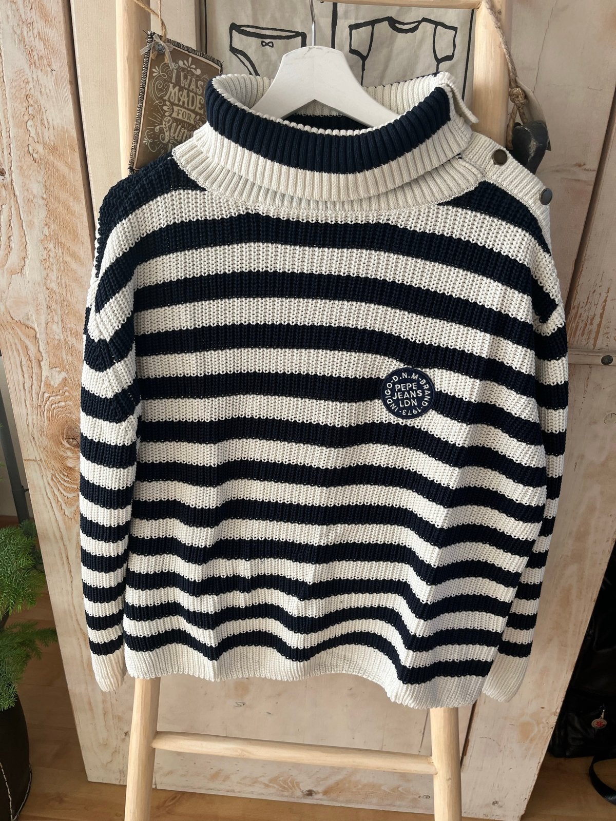Pepe Jeans coltrui ecru/navy gestreept, Ophalen of Verzenden, Zo goed als nieuw, Maat 46/48 (XL) of groter, Wit