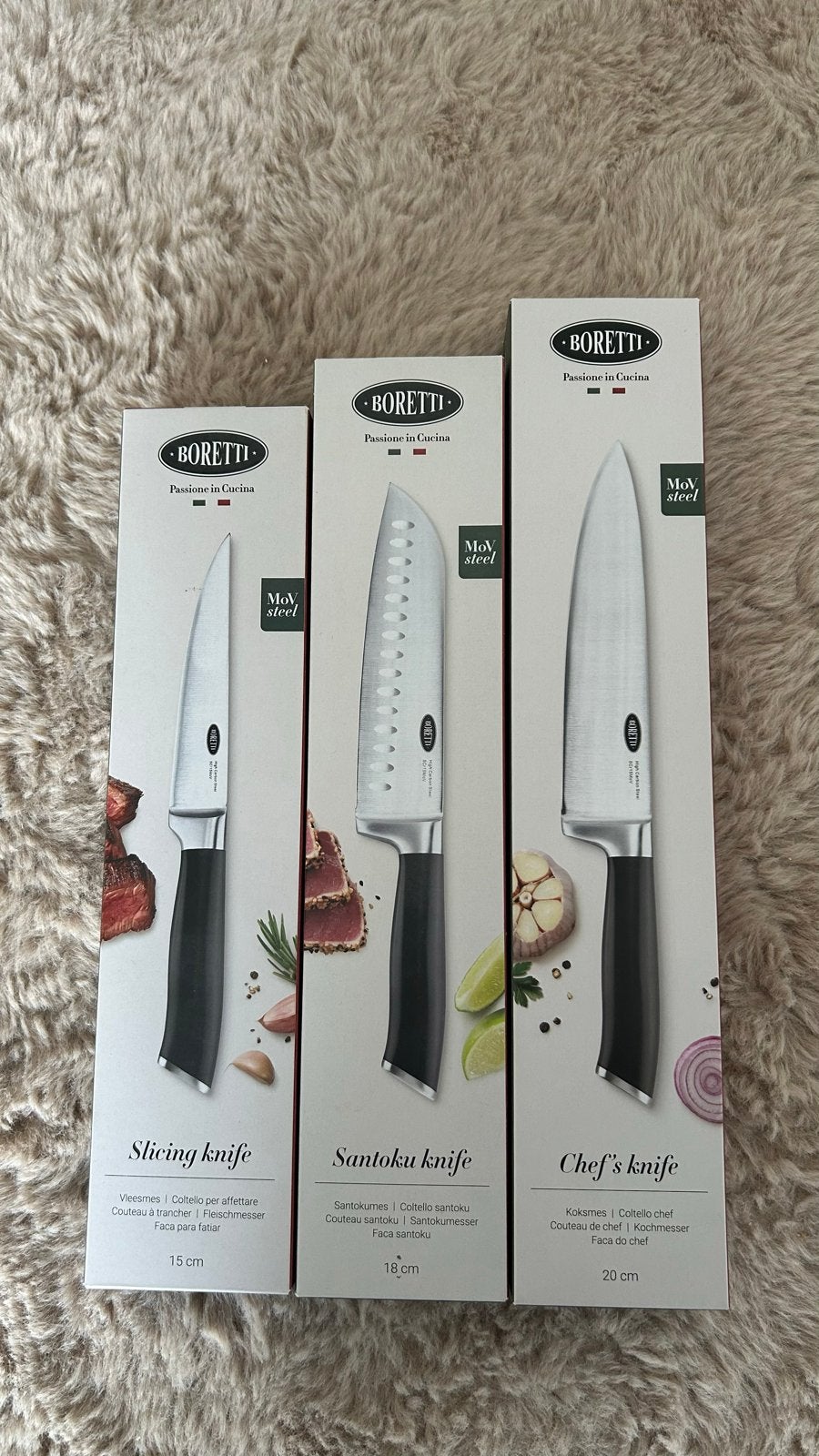 Nieuwe Boretti messenset: Slicing, Santoku, Chef's knife, Overige typen, Ophalen of Verzenden, Metaal, Overige merken