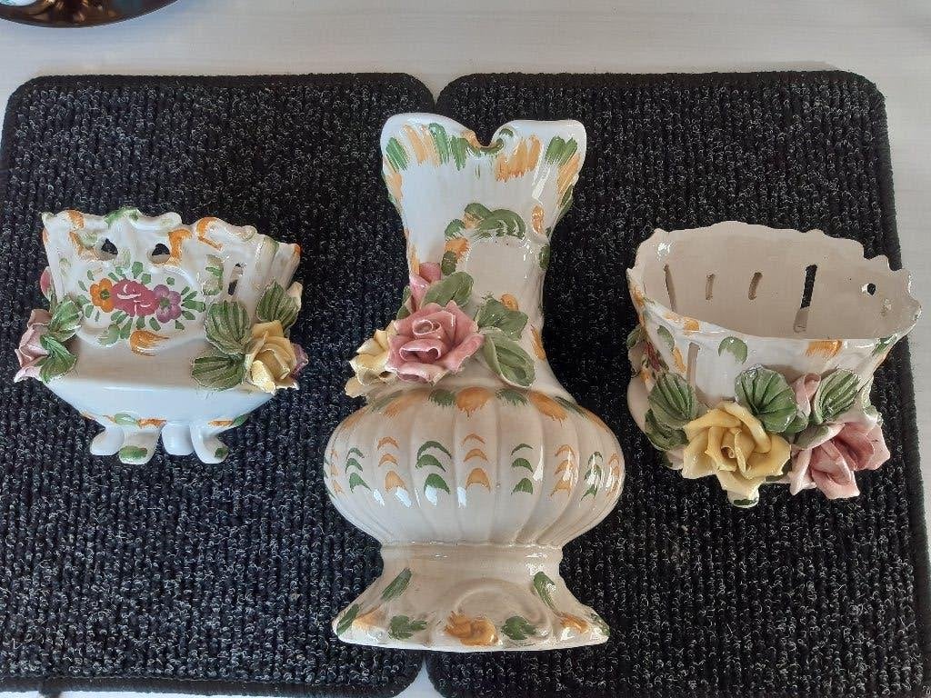 Setje 3 stuks sierpotten porcelain-aardewerk, Ophalen of Verzenden, Zo goed als nieuw, Handgemaakt, Steen/keramiek
