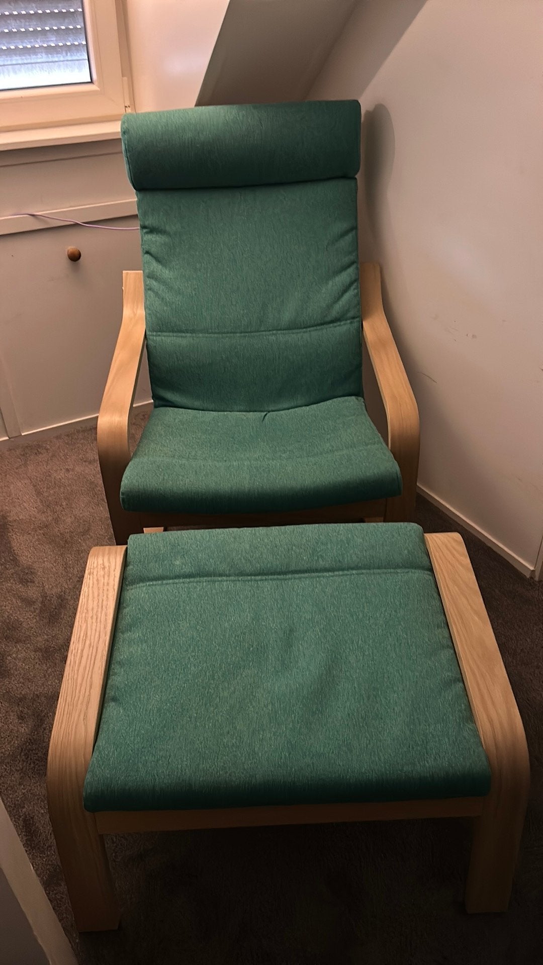 IKEA POÄNG fauteuil met voetenbank - Groen, Ophalen, Eenpersoons, 75 tot 100 cm, Zo goed als nieuw