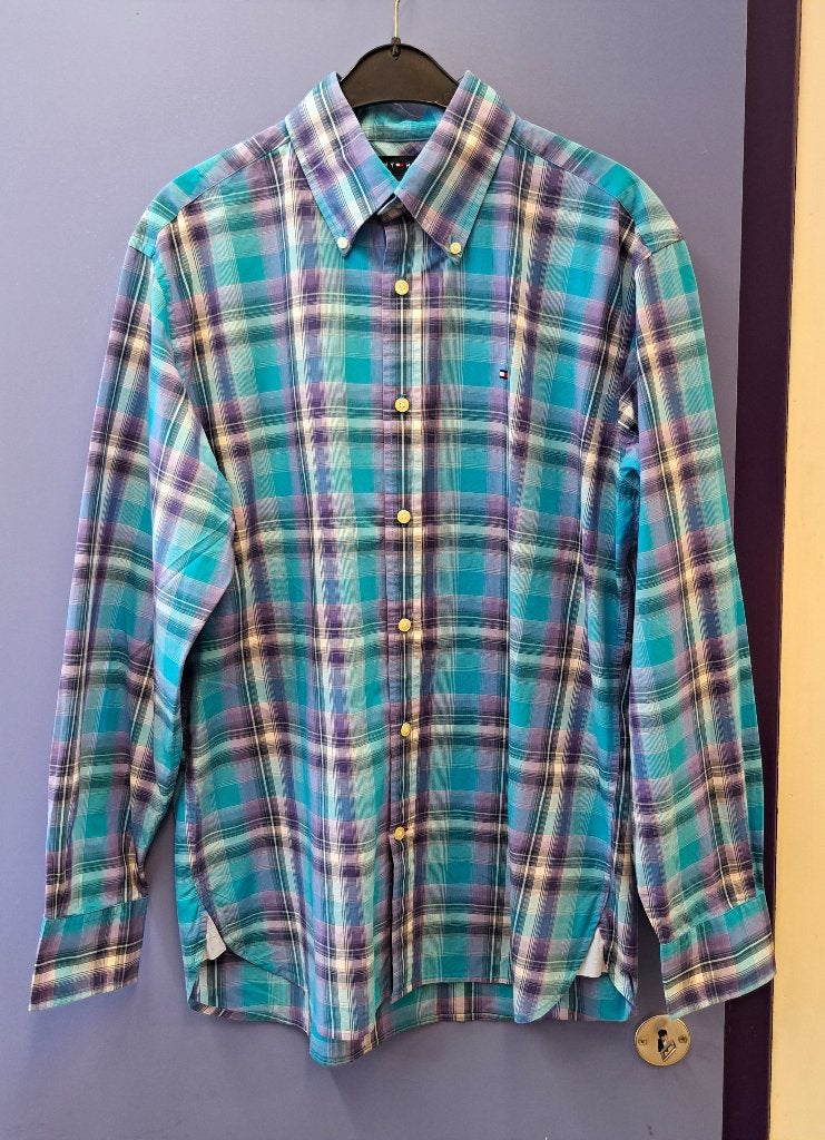 Tommy Hilfiger overhemd blauw paars geruit mt M nr 46094, ., Paars, Tommy Hilfiger, Zo goed als nieuw