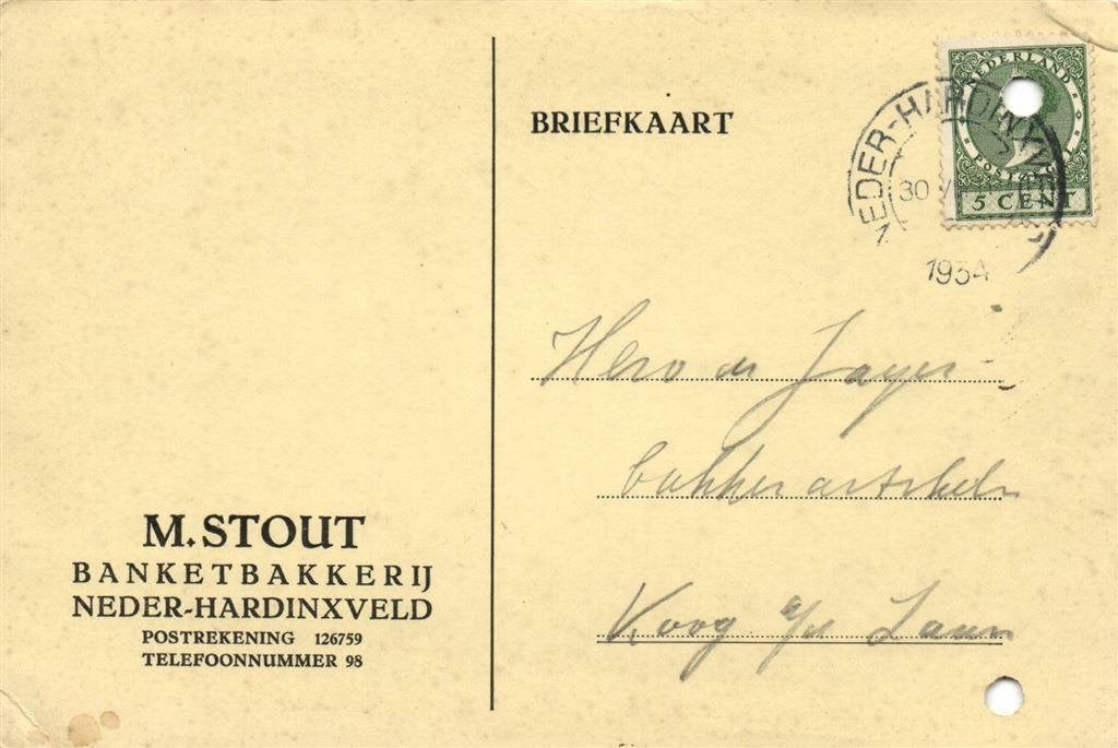 M. Stout, Neder-Hardinxveld - 08.1934 - briefkaart, Postzegels en Munten, Ophalen of Verzenden, Briefkaart