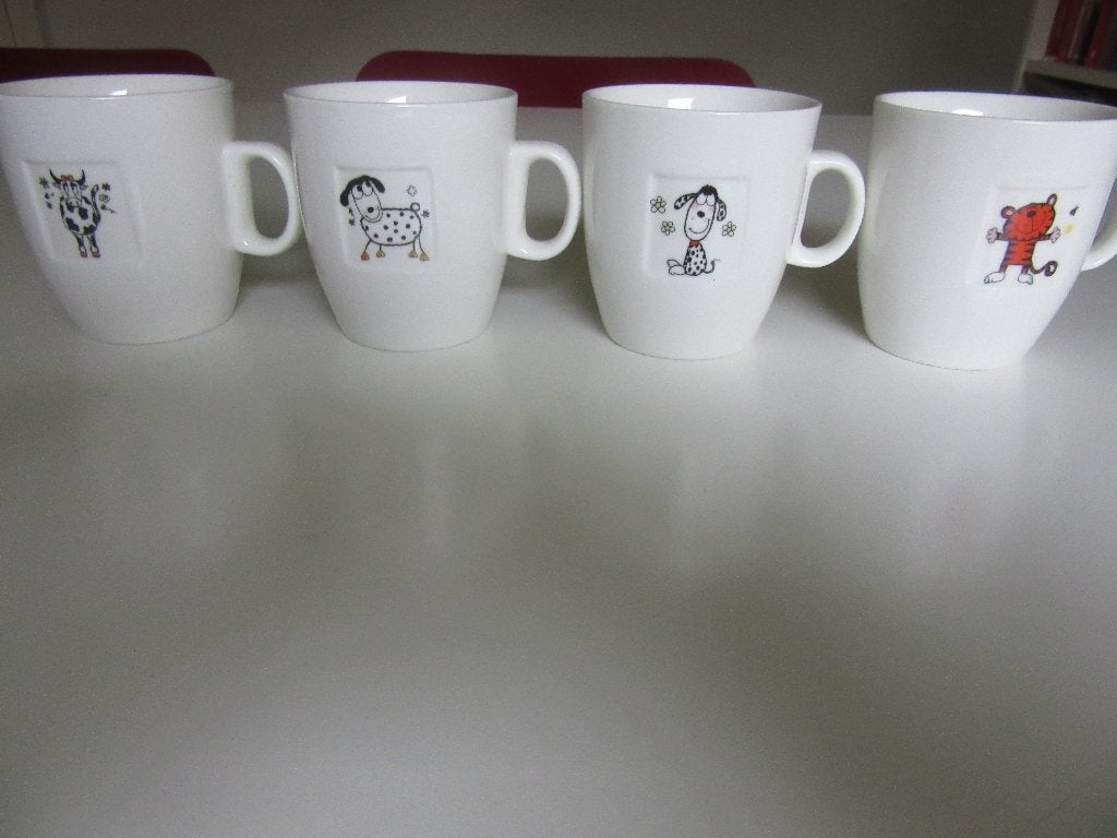 4x Siaki mok beker kop met dier leeuw / poes hond koe schaap, Huis en Inrichting, Keuken | Servies, Overige materialen, Overige merken
