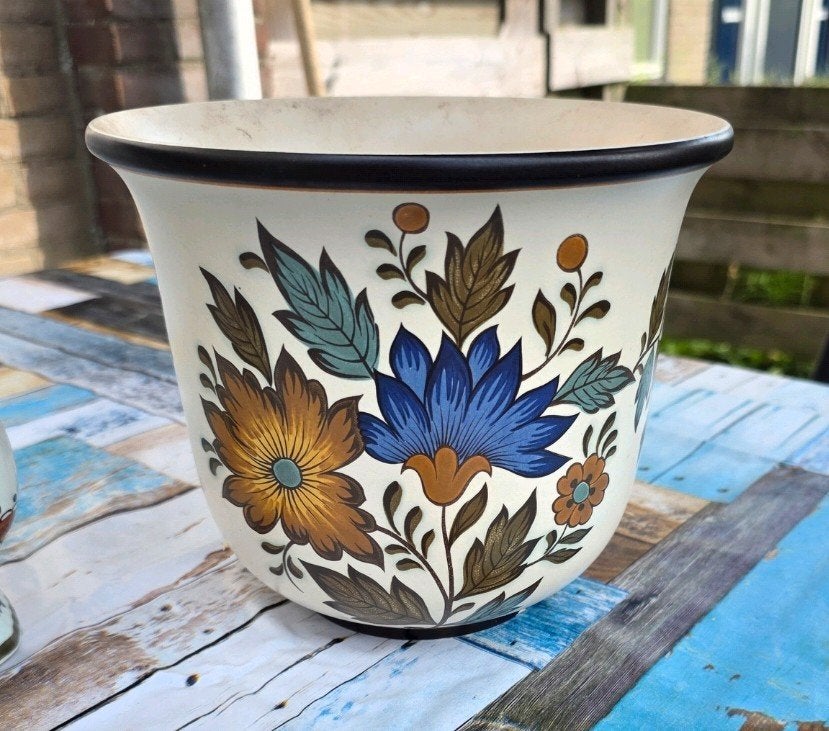 Vintage Flora Gouda Plateel Bloempot Handwerk Holland, Ophalen of Verzenden