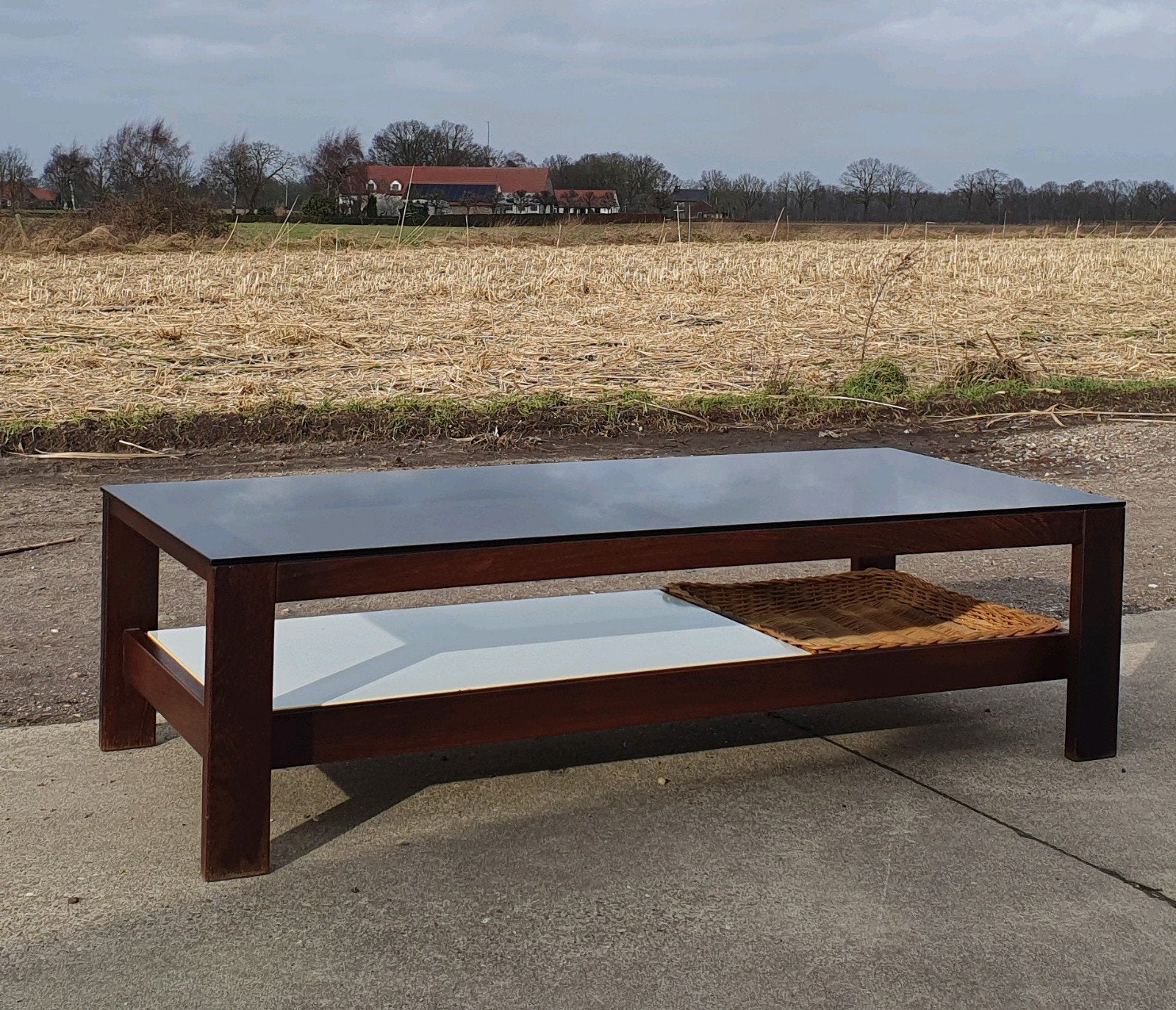 vintage wenge salontafel smoke glass blad, Ophalen, Vintage dutch design brutalist, 100 tot 150 cm, 50 tot 100 cm