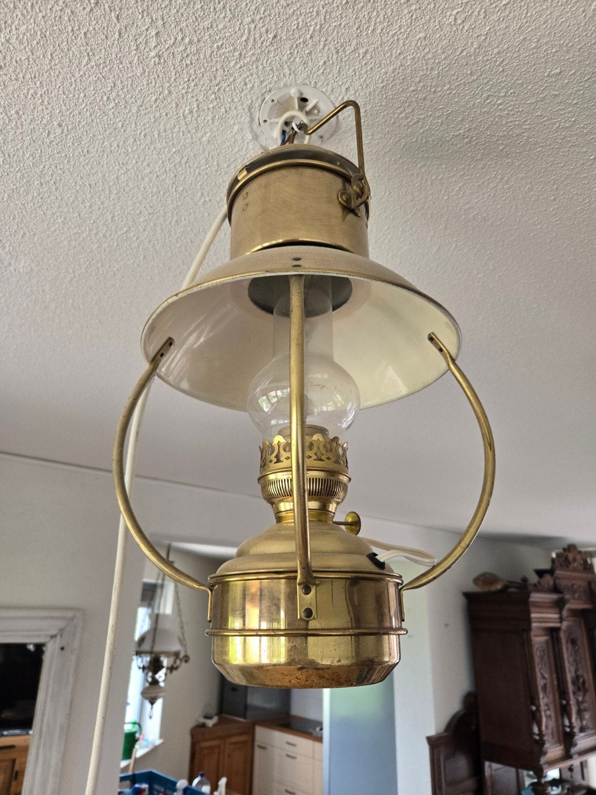 Antieke koperen olielamp - plafondlamp, Ophalen of Verzenden