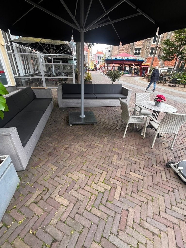 Terras banken + Parasol, Ophalen of Verzenden, Zo goed als nieuw, Hout