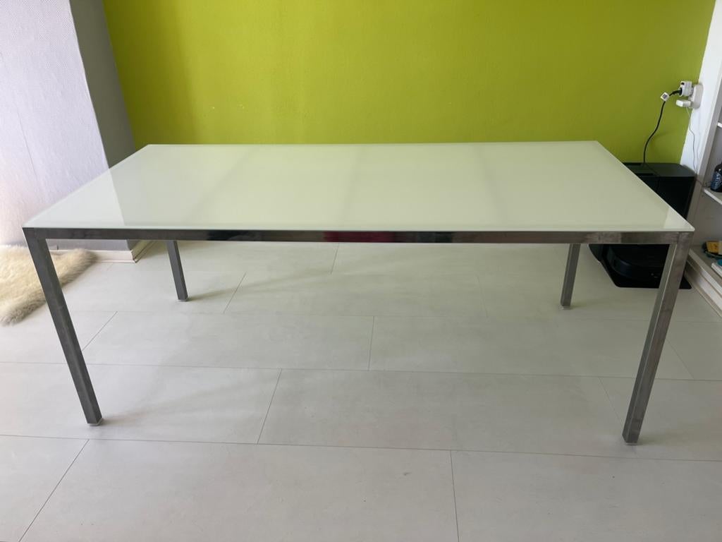 Ikea Torsby eettafel wit glas met chroom poten, Ophalen, 50 tot 100 cm, Vijf personen of meer, 150 tot 200 cm