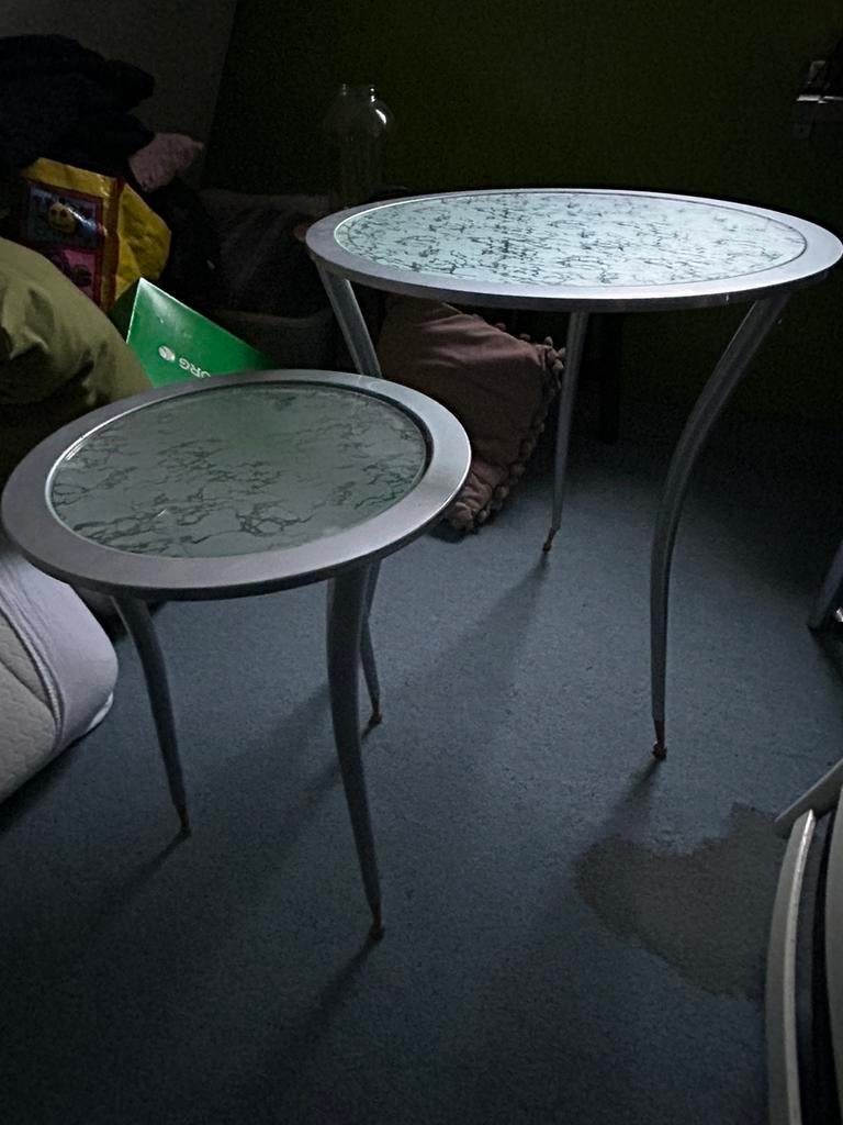 Design bijzettafels met glas & aluminium – set van 2, Ophalen, Gebruikt