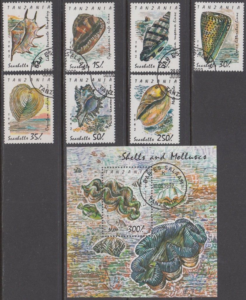 Schelpen Tanzania Michel 1247/1253 + blok 179 gestempeld, Ophalen of Verzenden, Gestempeld, Dier of Natuur