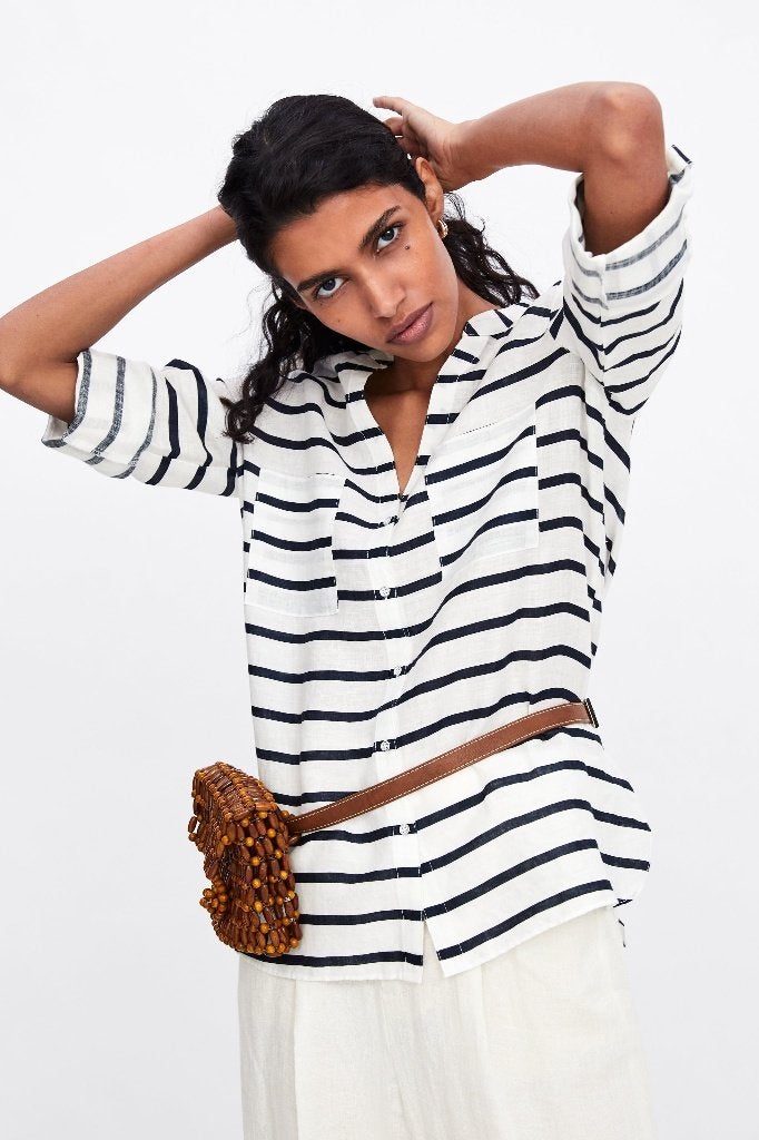 Zara linnen blouse wit donkerblauw gestreept maat S, Verzenden, Maat 36 (S), Gedragen, Wit