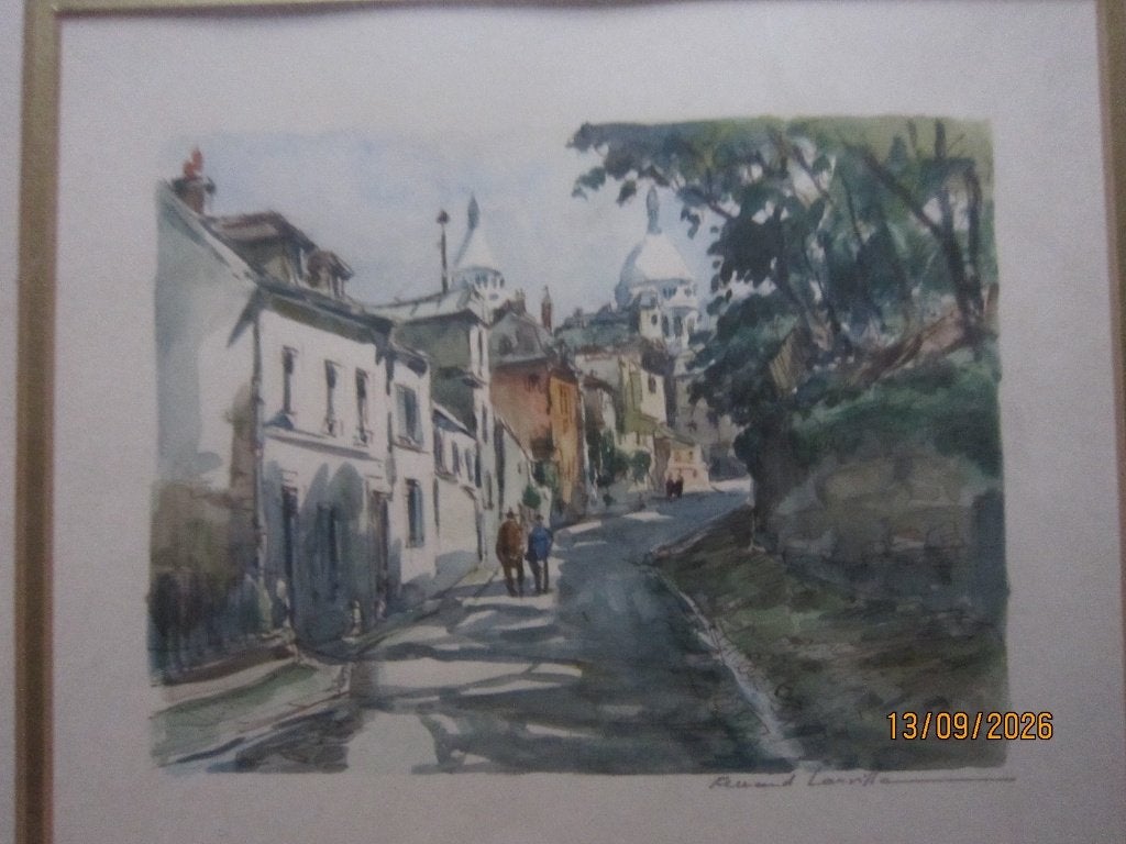 Parijs, Mooie aquarel ontsp. glas Weg naar Sacre Coeur, Ophalen, Stadsgezicht, Ets