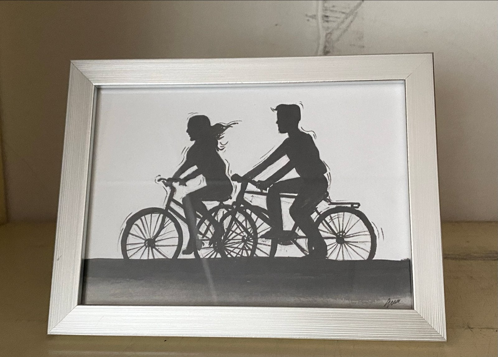 Inkttekening 'Stel aan het Fietsen' - Fietsen op de Dijk, Ophalen of Verzenden, Tekening, Pentekening, Gesigneerd