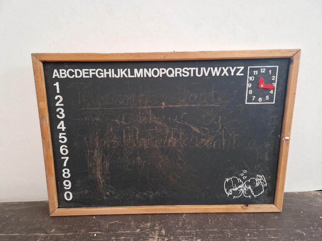 Vintage krijtbord met abc, cijfers en klok, Antiek en Kunst, Curiosa en Brocante, Ophalen of Verzenden