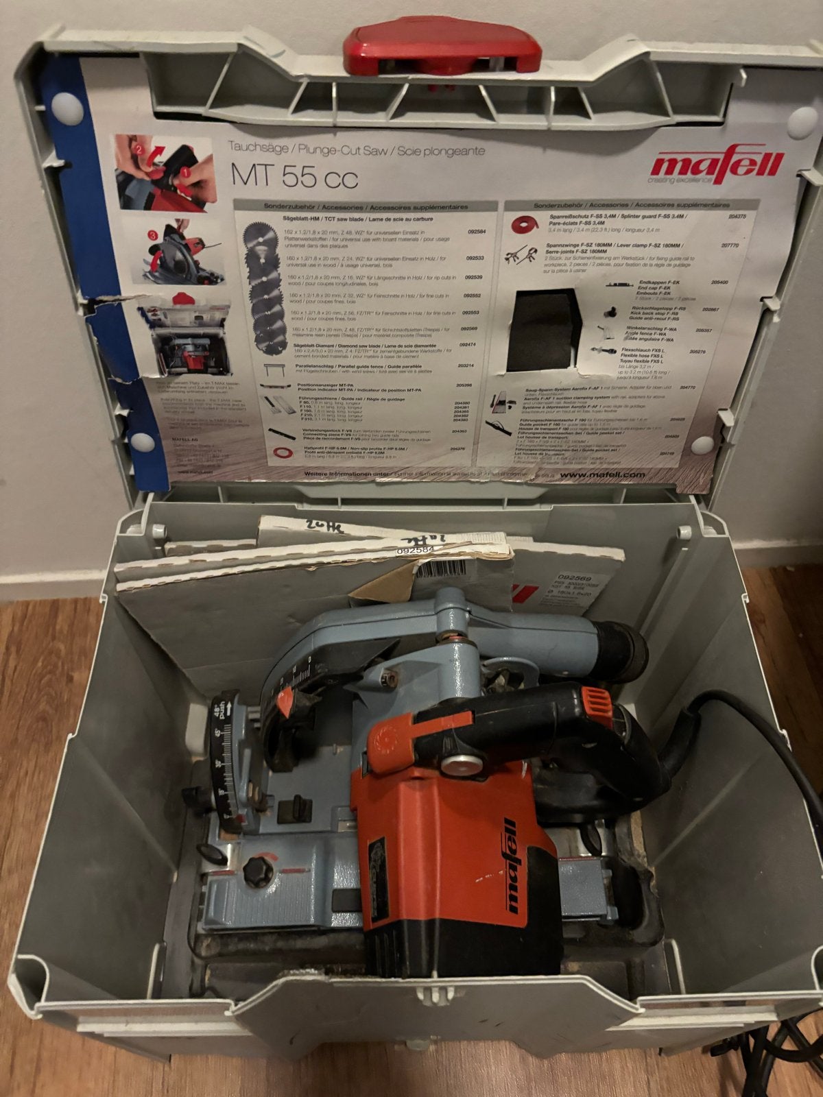 Mafell invalzaag MT 55 cc met geleiderail en accessoires, Ophalen, Gebruikt, Invalzaag, 70 mm of meer