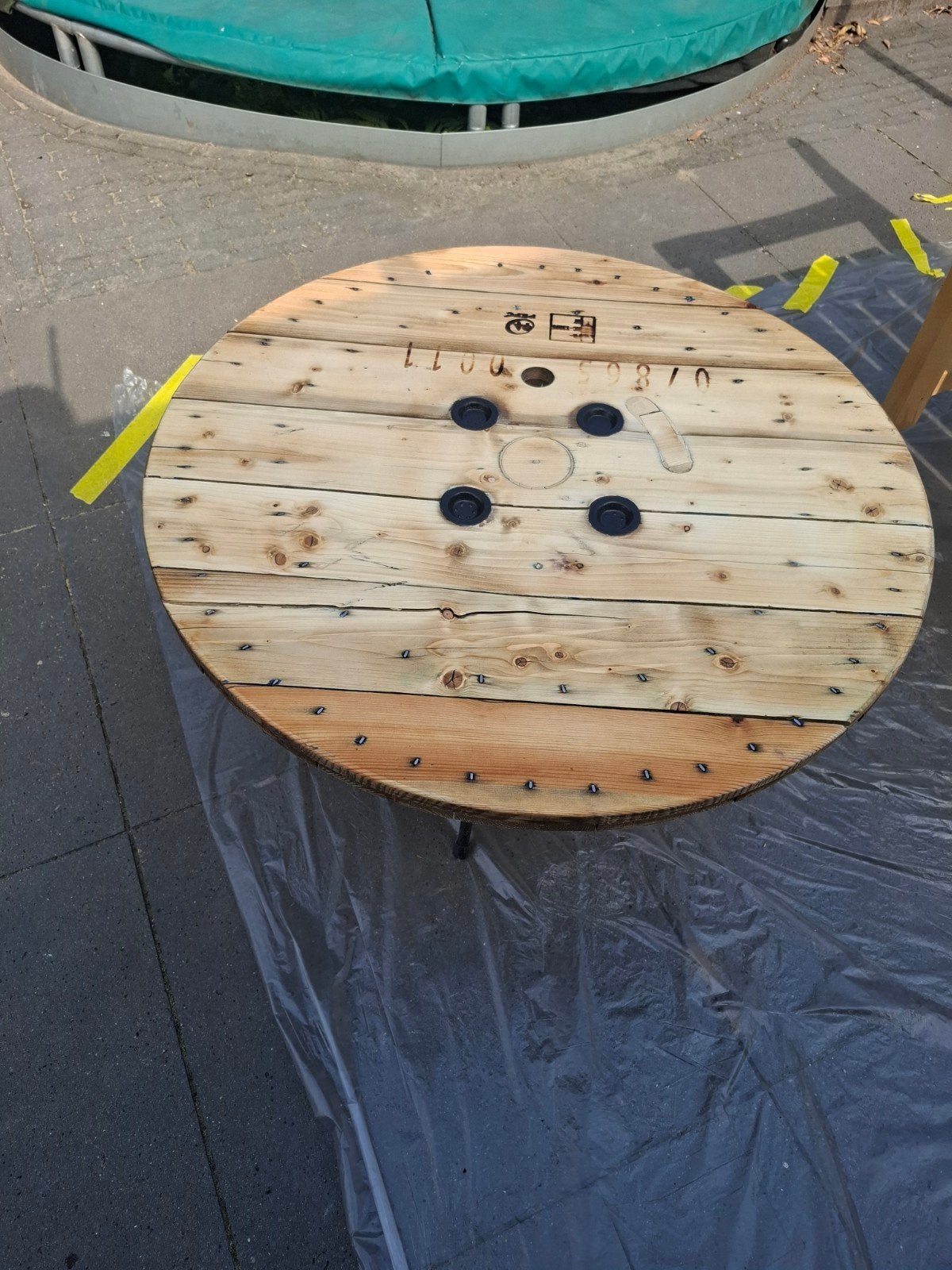 Unieke ronde salontafel van kabelhaspel 86cm of 66cm, Overige houtsoorten, 50 – 75, Gebruikt, 50 tot 100 cm