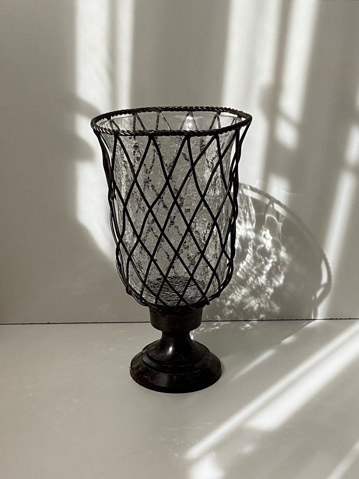 Sfeervol groot windlicht van glas en metaal, Ophalen, Windlicht, Bruin, Glas