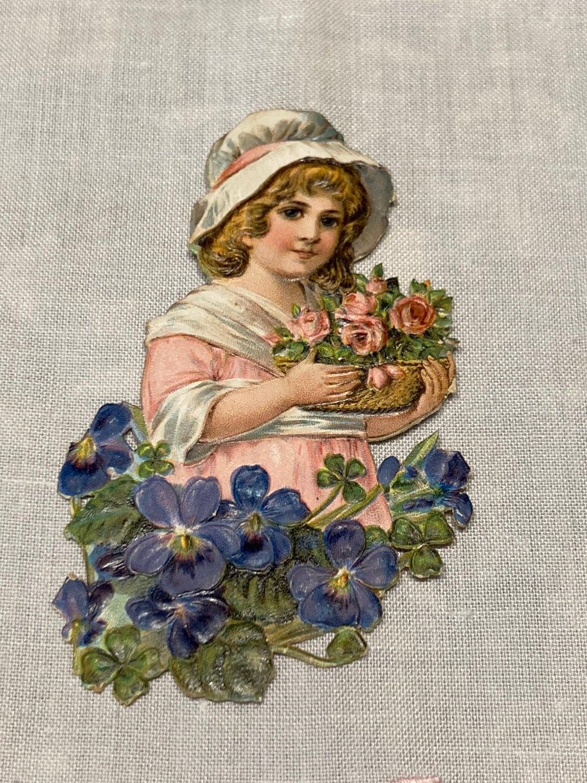 Antiek poëzie plaatje, meisje met bloemen (221026), Ophalen of Verzenden