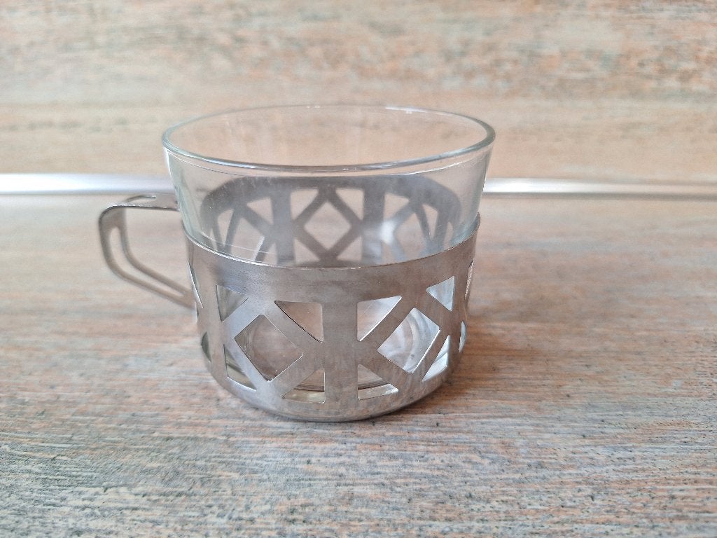 Theeglas met metalen houder, Huis en Inrichting, Ophalen, Zo goed als nieuw, Wit, Glas
