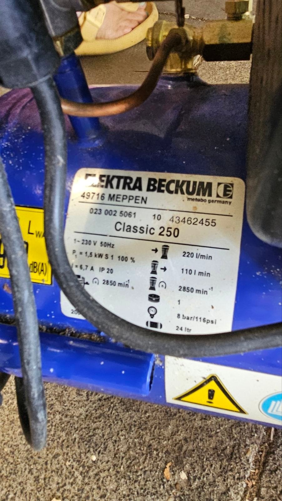 Metabo Elektra Beckum Classic 250 Compressor, Ophalen, Gebruikt, 6 tot 10 bar, 25 tot 100 liter