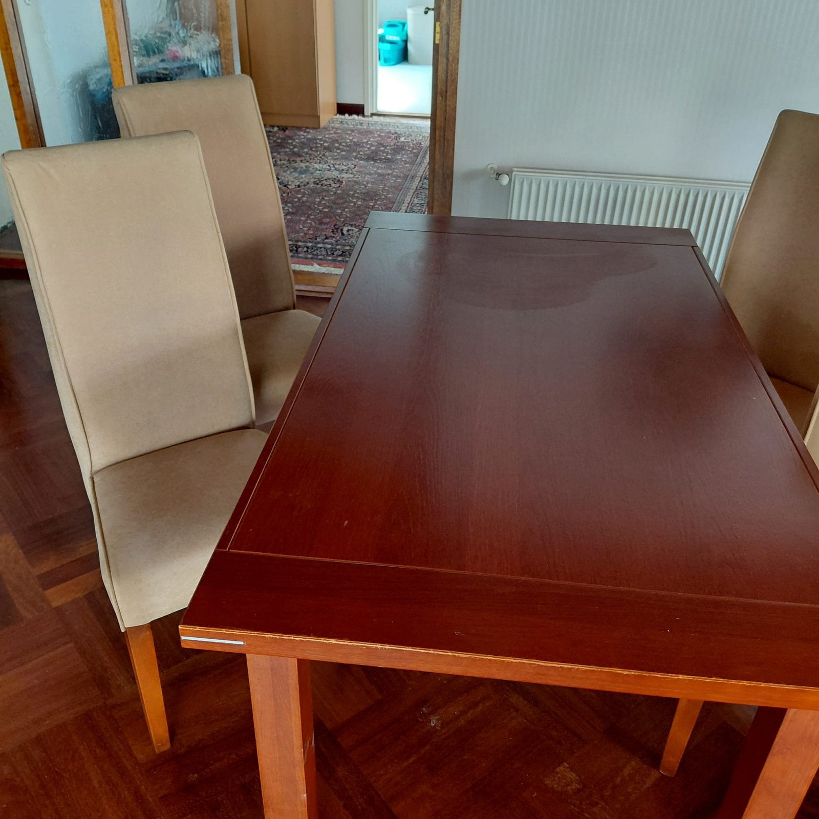 Eettafel met 4 stoelen kersen, Ophalen, Gebruikt, 50 tot 100 cm, 150 tot 200 cm