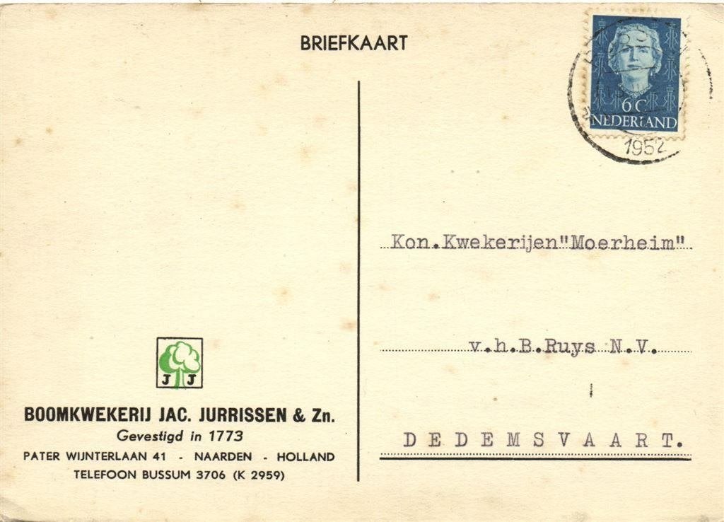 Jac. Jurrissen + Zn. - Naarden - 03.1952 - briefkaart, Ophalen of Verzenden, Briefkaart