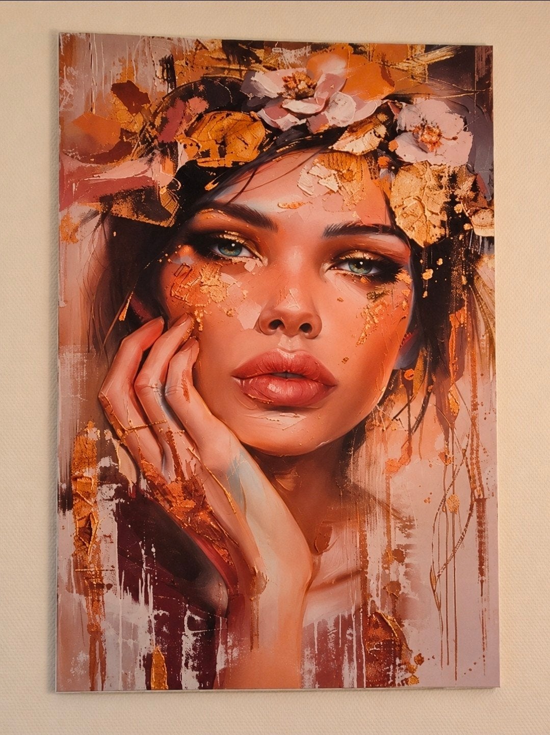 Canvas schilderij vrouw met bloemen en goud, 120x80 cm, Ophalen of Verzenden