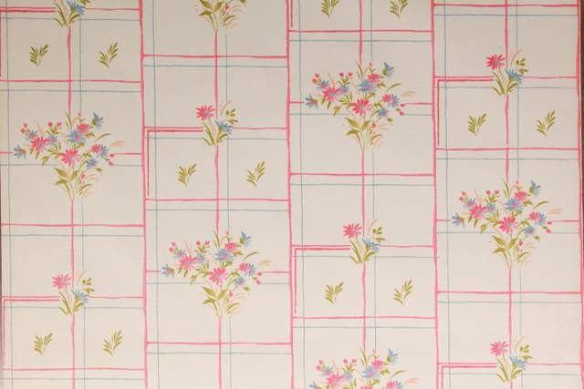 12471 Vintage keukenbehang met ruiten en bloemen swiet, Huis en Inrichting, Stoffering | Behang, Verzenden, Minder dan 10 m², Wit