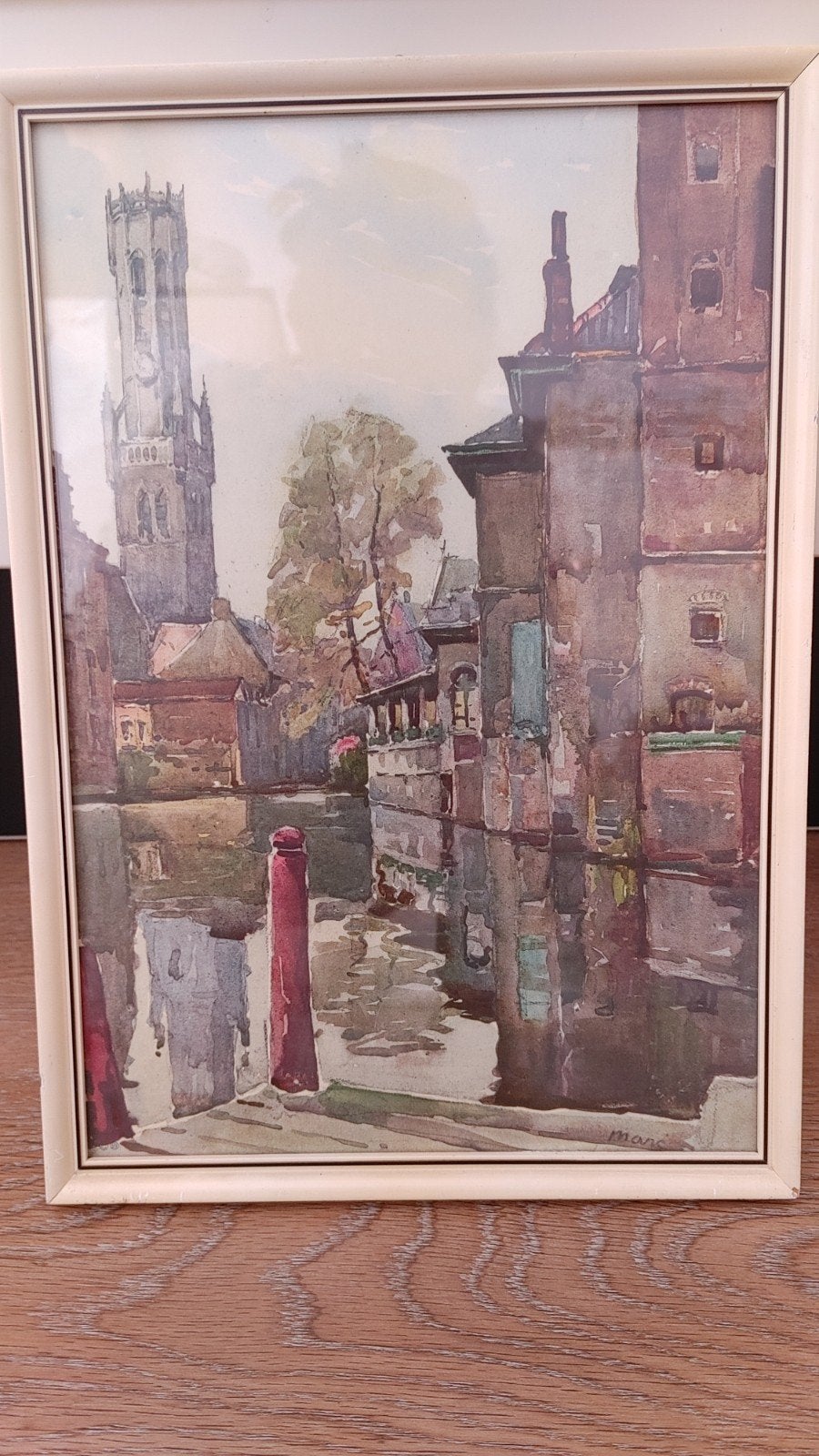 Vintage schilderij - aquarel Brugge met Belfort toren, Realistisch, Achter glas, Ophalen of Verzenden, Aquarel