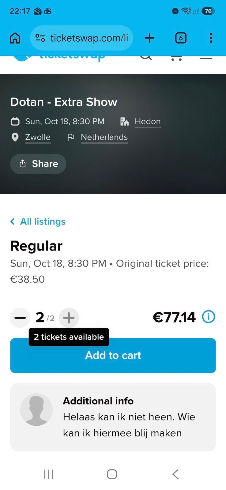 2 kaartjes Dotan 18 oktober Zwolle