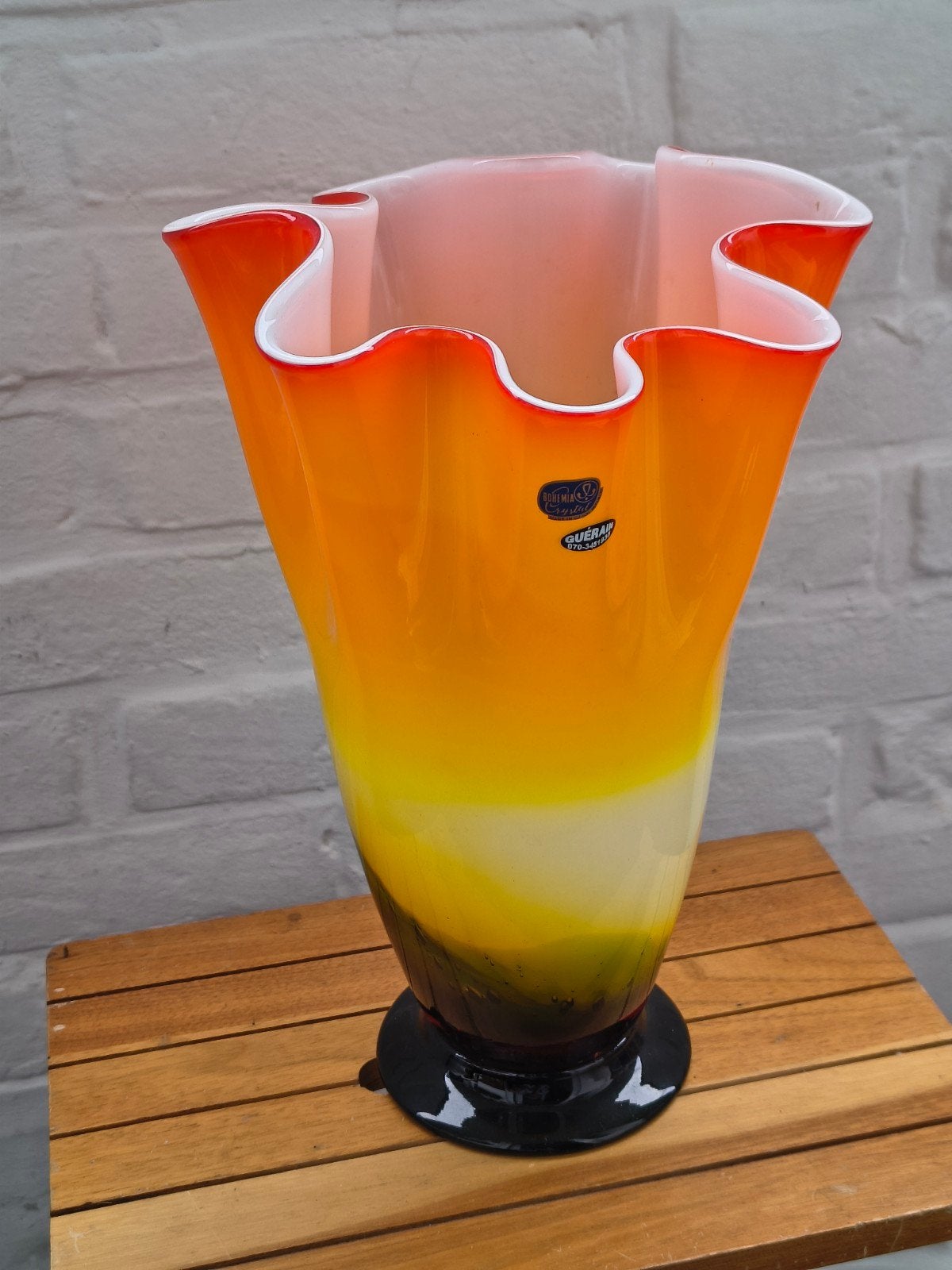 Grote Murano stijl vaas, oranje-geel, golvende rand, Ophalen of Verzenden