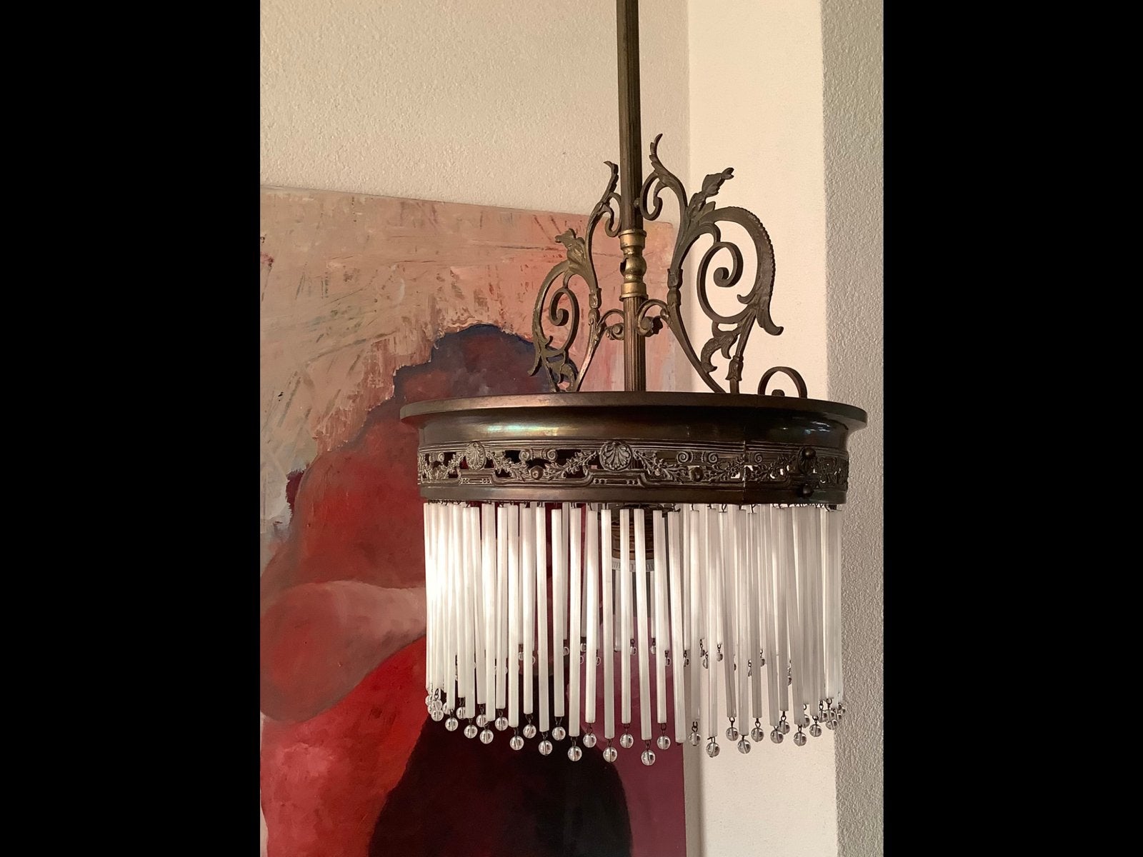 ART NOUVEAU HANGLAMP met GLAZEN STAVEN uit 1910., Ophalen