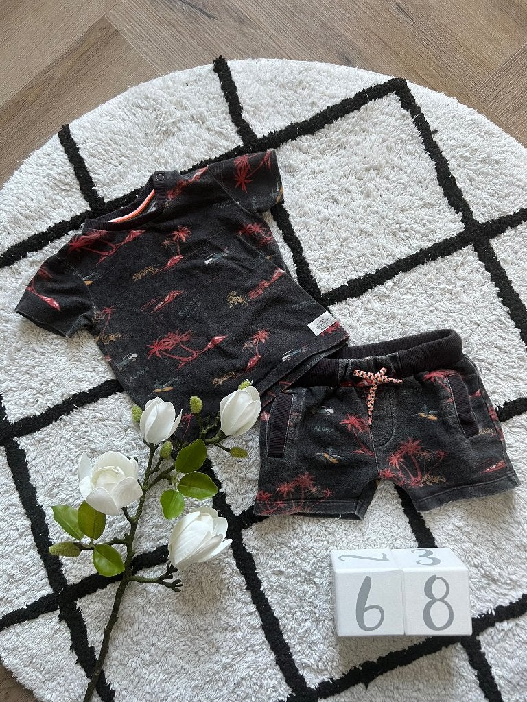 Heel goed zwart print 2x Feetje zomer set shorts shirt 68, Jongetje of Meisje, Ophalen of Verzenden, Zo goed als nieuw, Setje