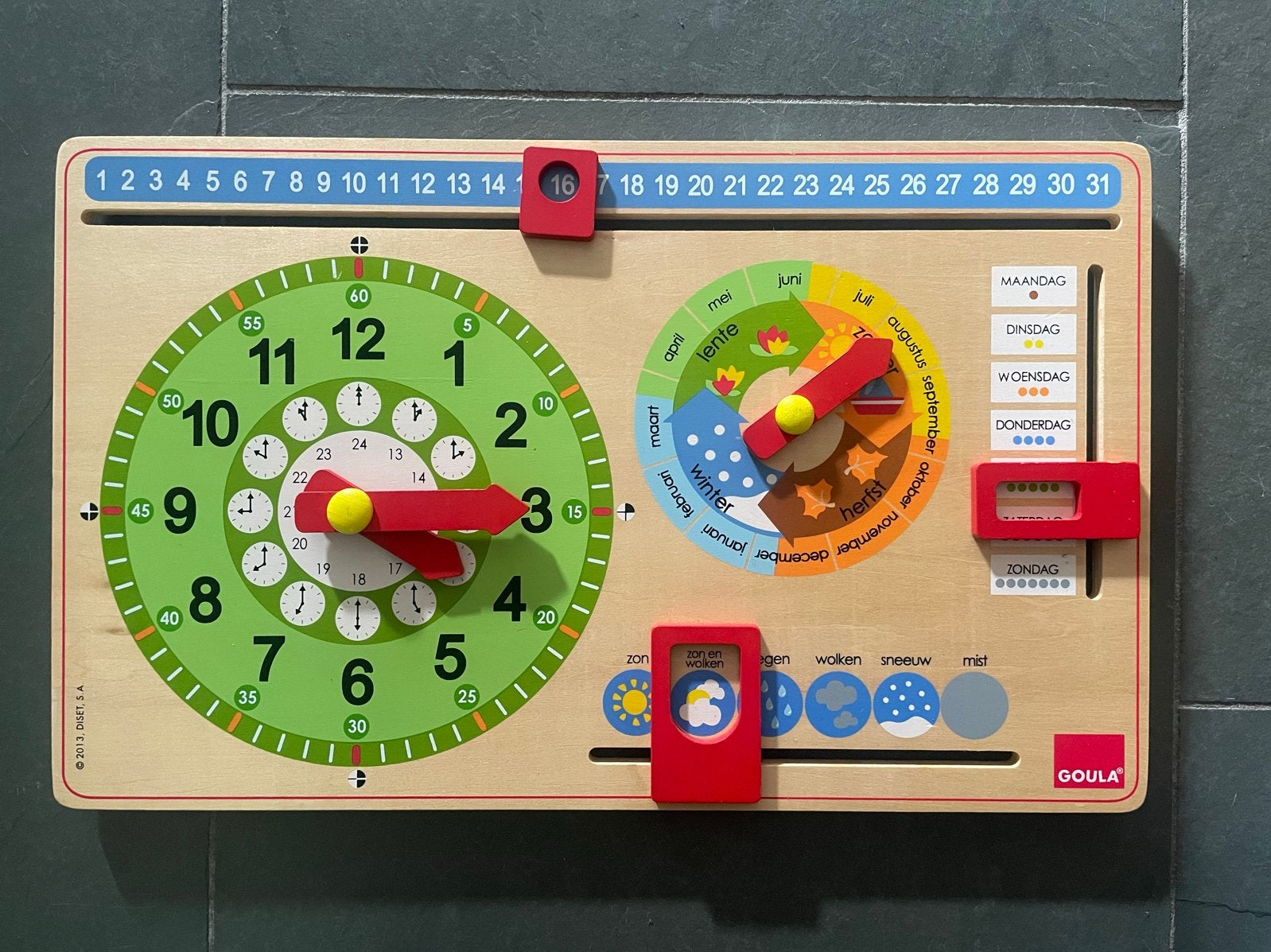 Goula Houten Klok en Kalender Educatief Speelgoed, Ophalen of Verzenden, Zo goed als nieuw, Taal en Lezen