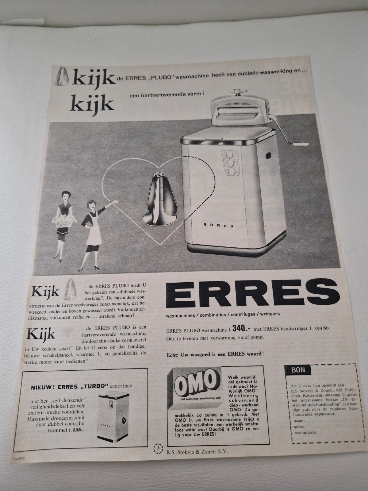 09 Vintage Erres PLUBO Wasmachine Advertentie (32x24 cm), Ophalen of Verzenden