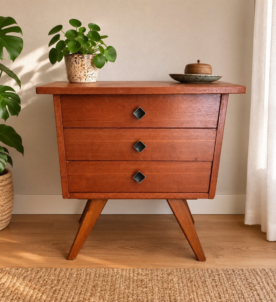 Vintage ladekastje teak jaren 60 Mid Century – 3 laden, Overige materialen, Zo goed als nieuw, 3 of 4 laden, Minder dan 100 cm