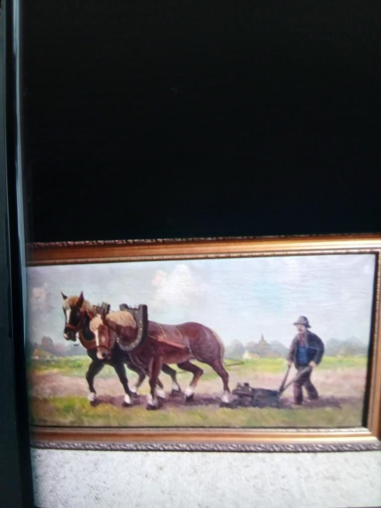 Olieverfschilderij: Boer met paarden aan het ploegen, Antiek en Kunst, Kunst | Schilderijen | Klassiek, Ophalen