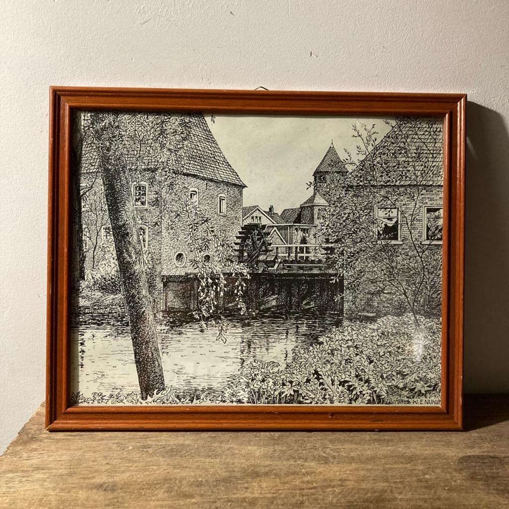 Vintage Ets W.E. Nijhuis - Watermolen Landschap Ingelijst, Antiek en Kunst, Ophalen of Verzenden