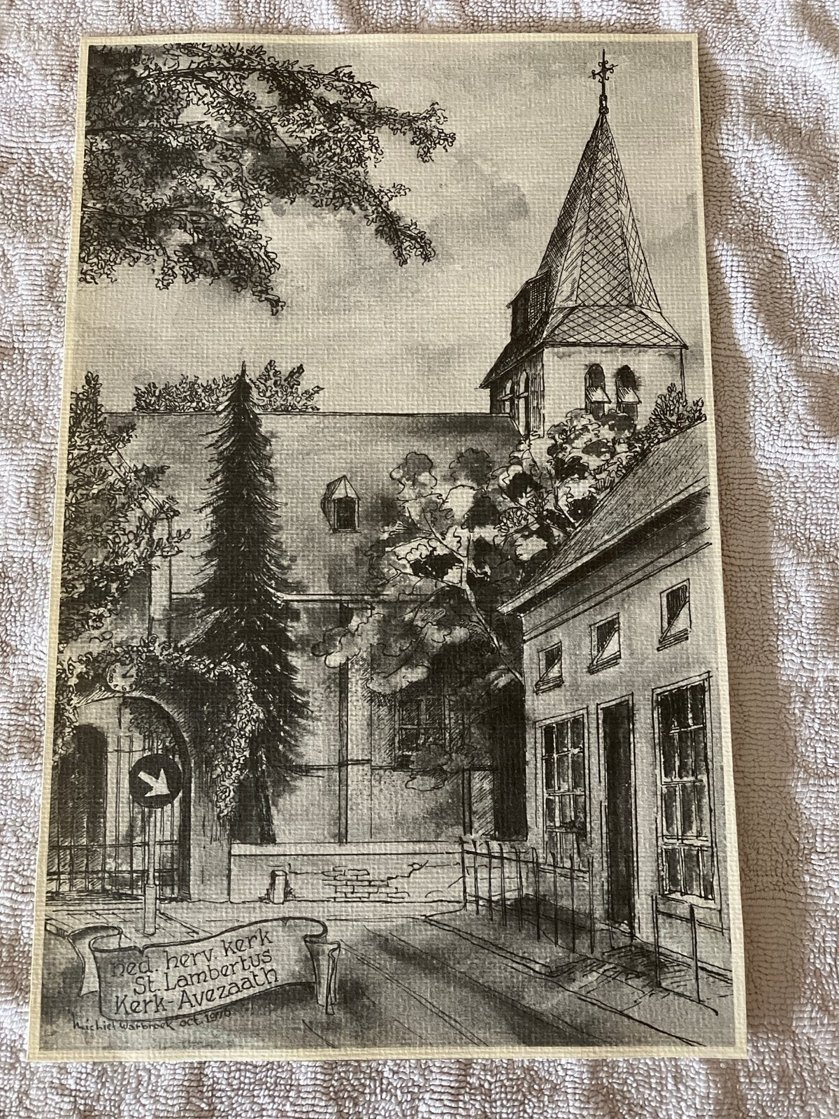 Tekening Ned. Herv. Kerk St. Lambertus Kerk-Avezaath 1976, Antiek en Kunst, Ophalen of Verzenden, Tekening, Pentekening, Gesigneerd