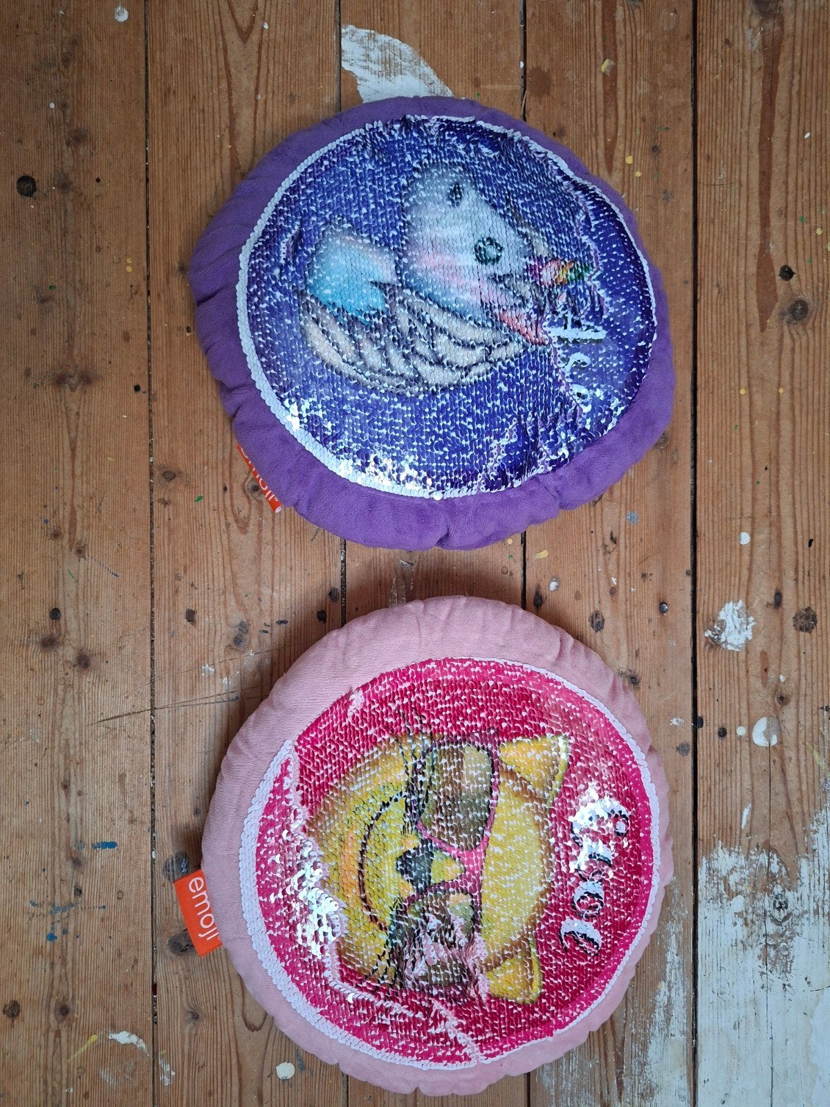 Emoji 2x Rond glitterkussen met omkeerbare pailletten - 26 c, Gebruikt, Meerkleurig, Met print, Rond