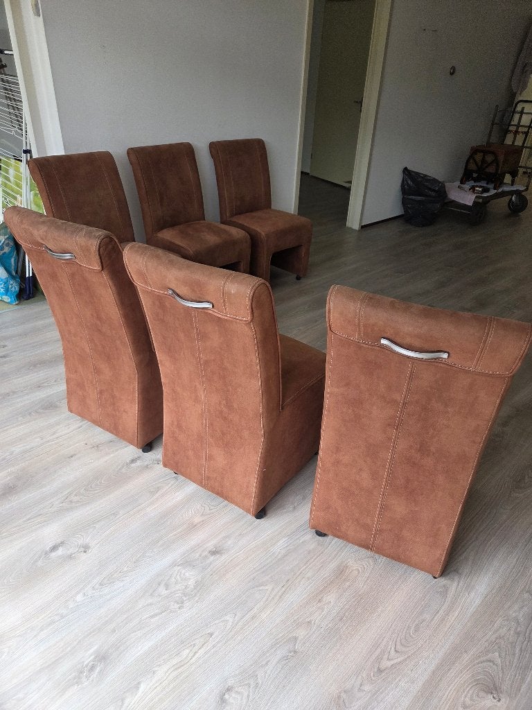 Eetkamerstoelen 6 stuks cognac kleurig alcantara, Ophalen, Modern/ landelijk, Overige kleuren, Zo goed als nieuw