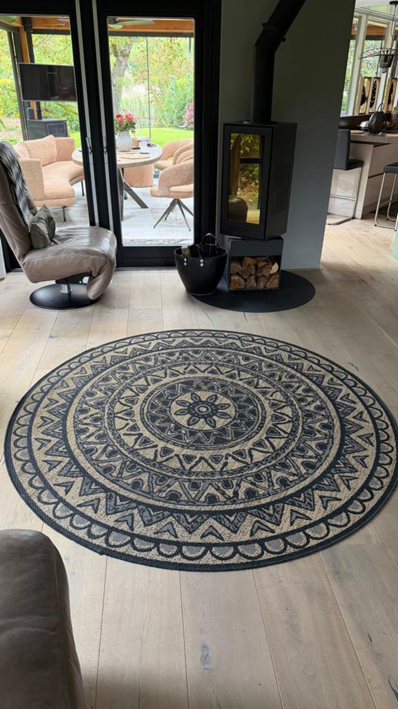 Rond jute vloerkleed met mandala patroon, 3 stuks, Ophalen, Beige, 150 tot 200 cm, Rond